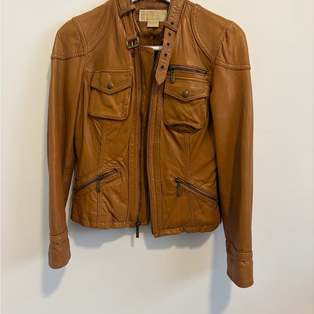 Michael Kors Cognac Brown Leather Zip Front Jacket